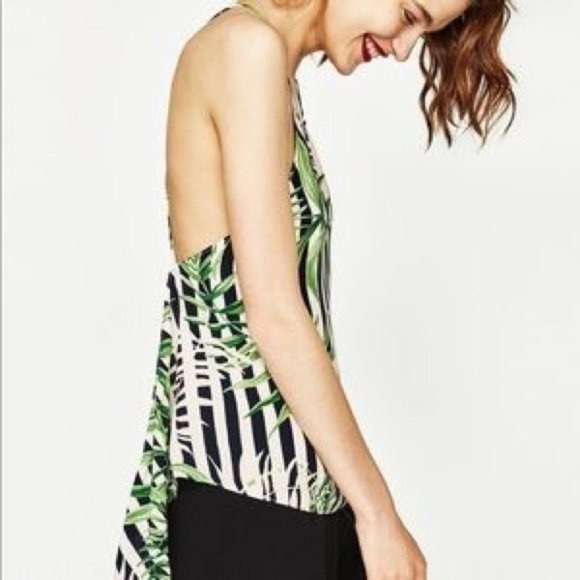 Zara Striped Leaf Print Halter Tank Top - Picture 1 of 9